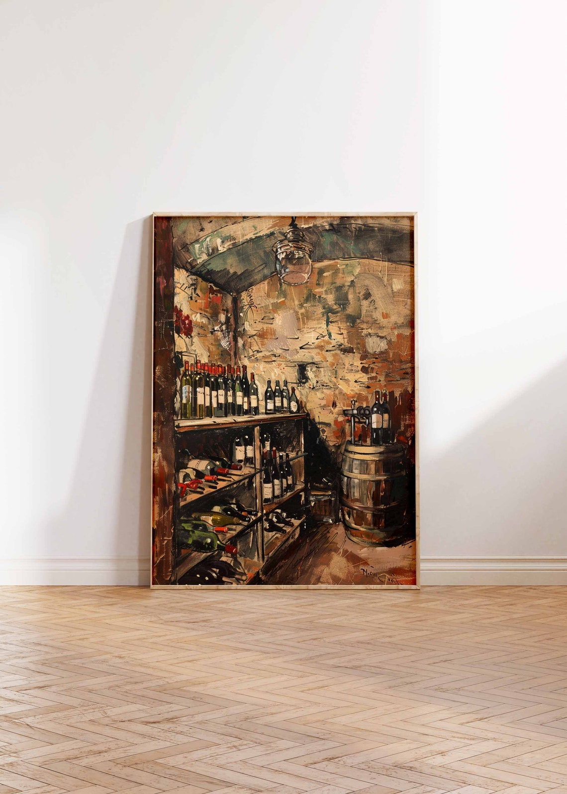 Rustic Wine Cellar Oil Painting Vintage Bottle Shelf Kitchen Poster - Image 2