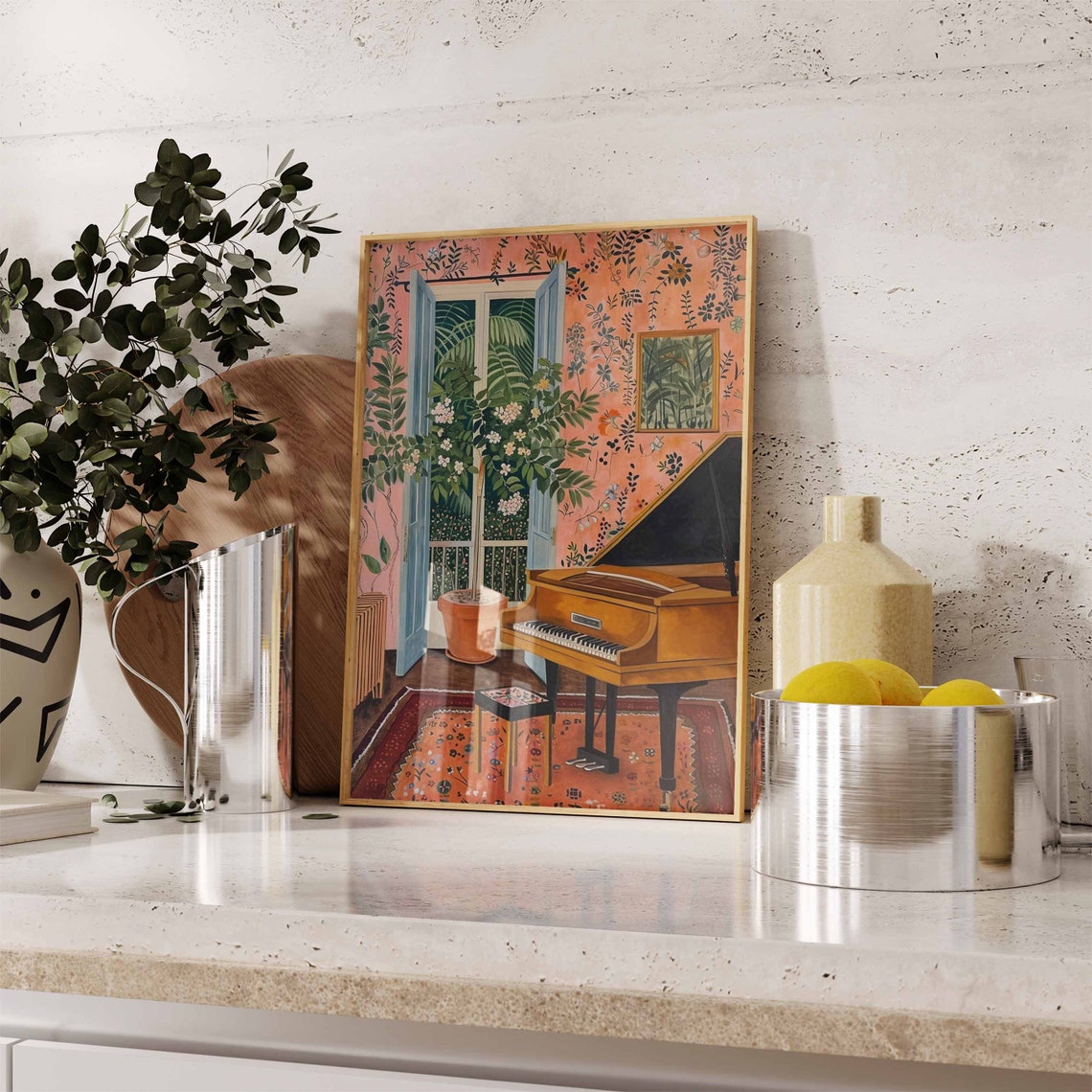 Grand Piano Elegant Music Room Botanical Interior Painting Art Poster - Image 3