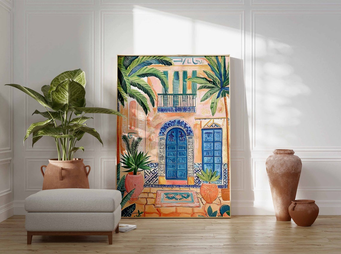 Mediterranean Blue Door Facade Sunny Coastal Building Art Poster - Image 2