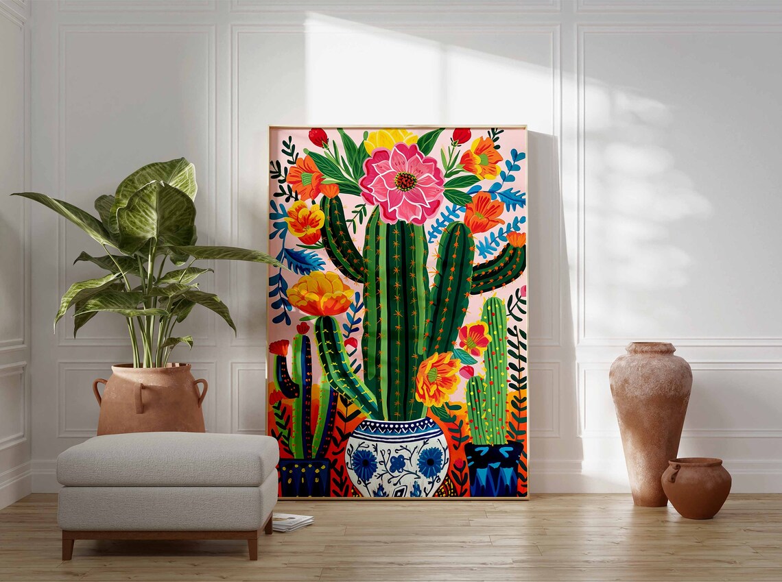 Vintage Mexican Cactus Art Print, Traditional Floral Decor - Image 3