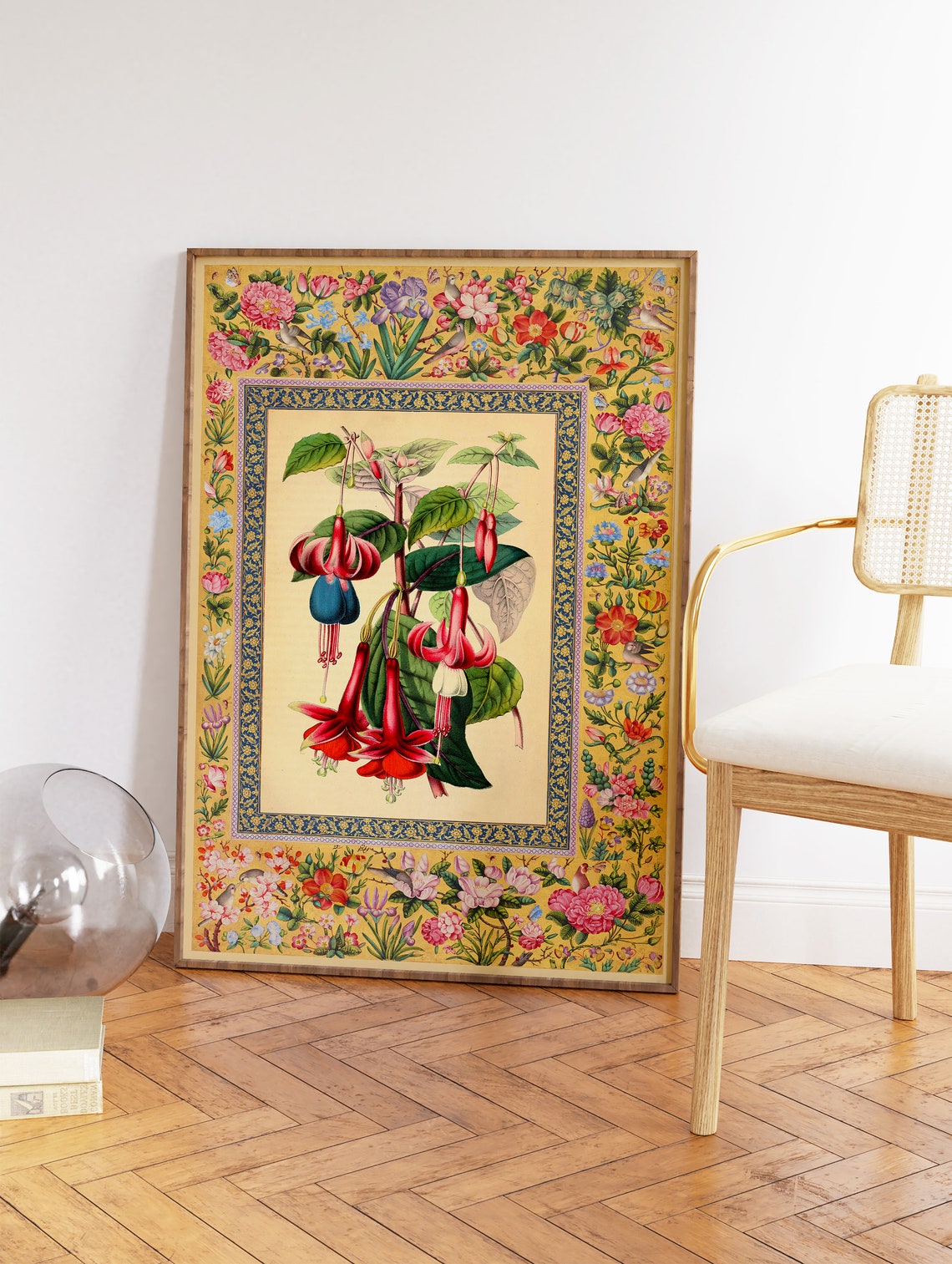 Indian Floral Art Fuchsia Blossoms Ornate Botanical Vintage Poster - Image 3