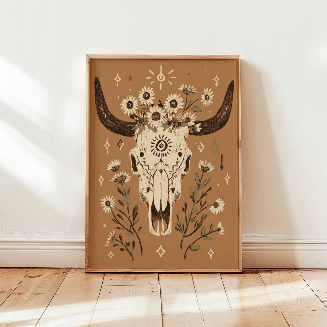 Western Cow Skull Art Print, Boho Southwestern Decor
