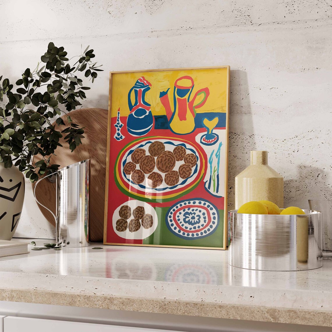 Blue And Yellow Coffee Pots With Falafel Plates Still Life Poster - Image 2
