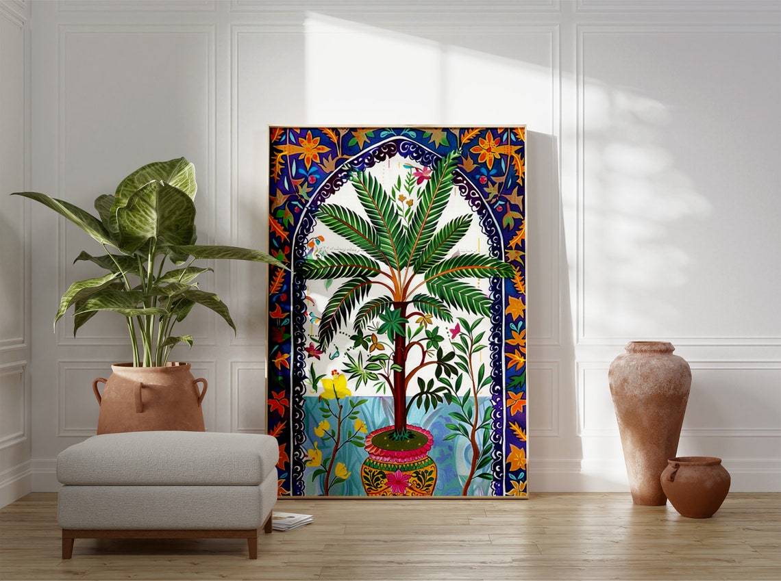 Islamic Palm Tree Vase Floral Border Art Print Deep Blue Decor - Image 3