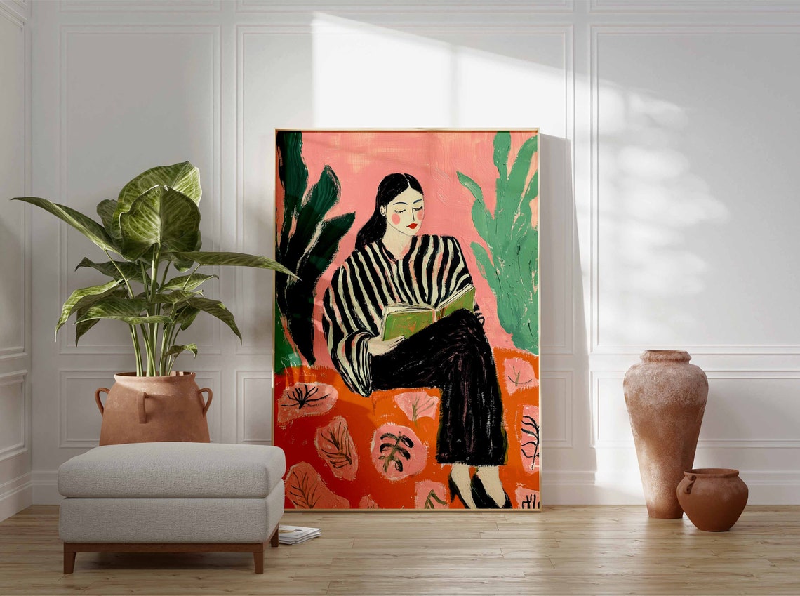 Woman Reading a Book Modern Colorful Botanical Illustration Poster - Image 2