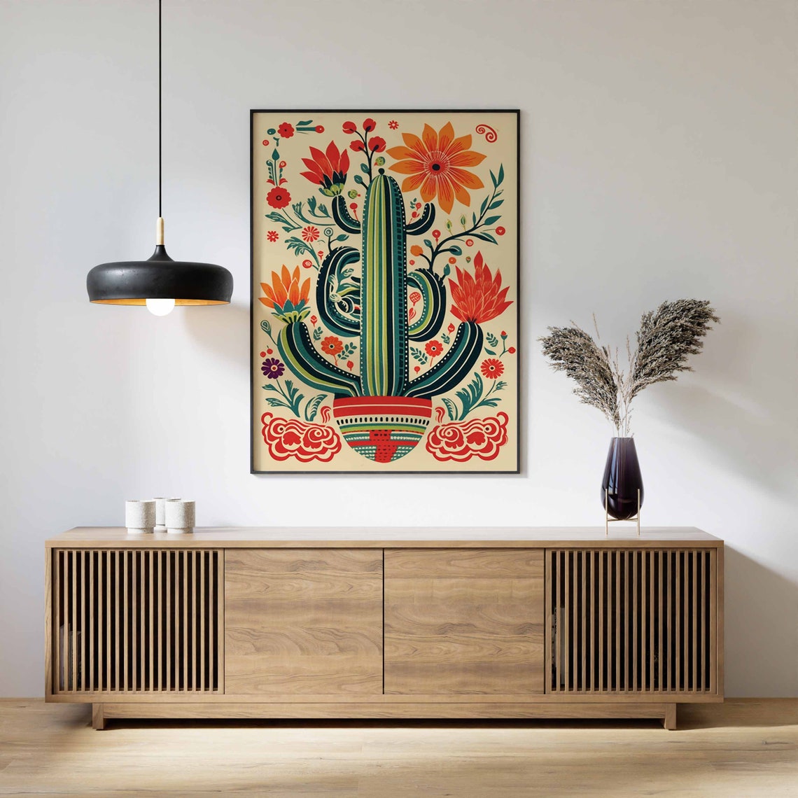 Mexican Folk Art Saguaro Cactus Blooming Flower Desert Poster - Image 3