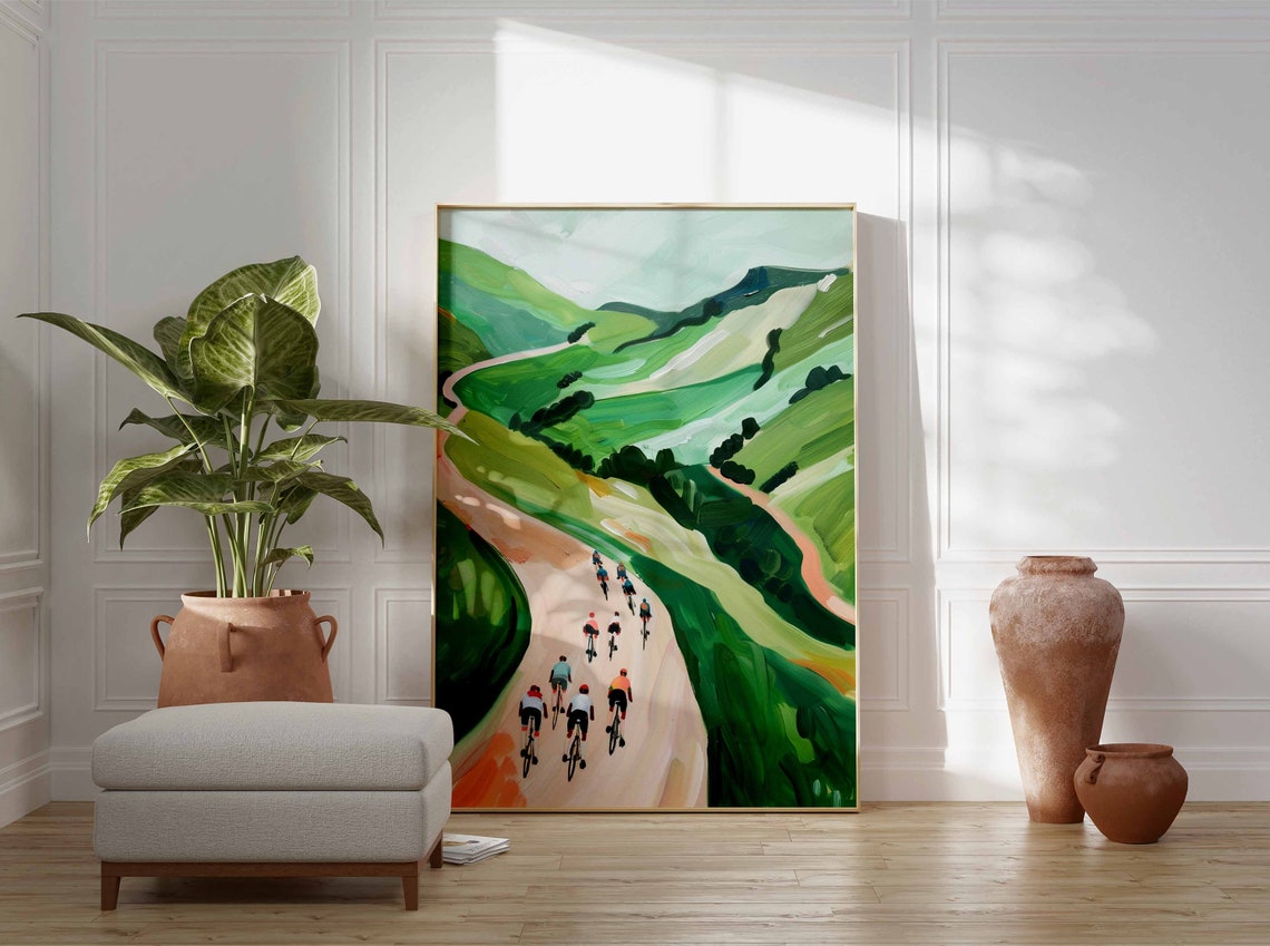 Cycling Peloton on Winding Road Through Green Rolling Hills Poster - Image 3