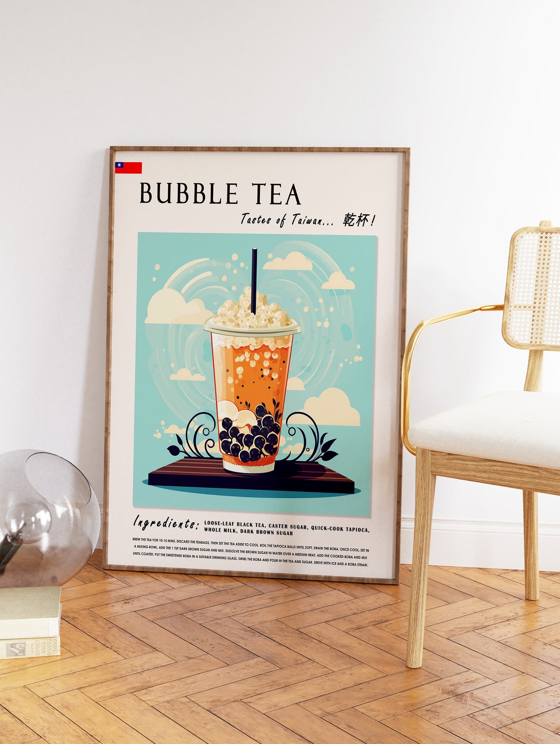 Bubble Tea Taiwan Boba Recipe Retro Kitchen Illustrated Food Poster - Image 2