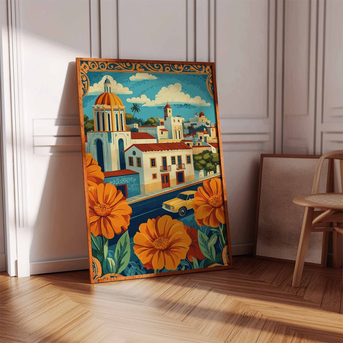 Vintage Mexican Town Church and Orange Flowers Travel Poster - Image 3