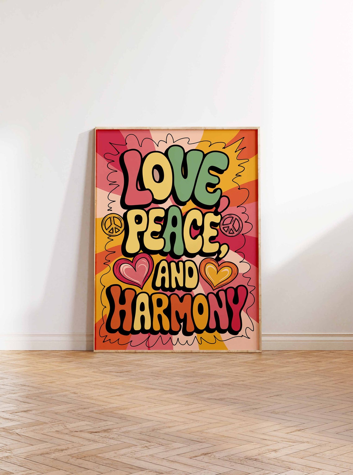 Love Peace and Harmony Hippie Retro 70s Bubble Letter Sunburst Poster - Image 2