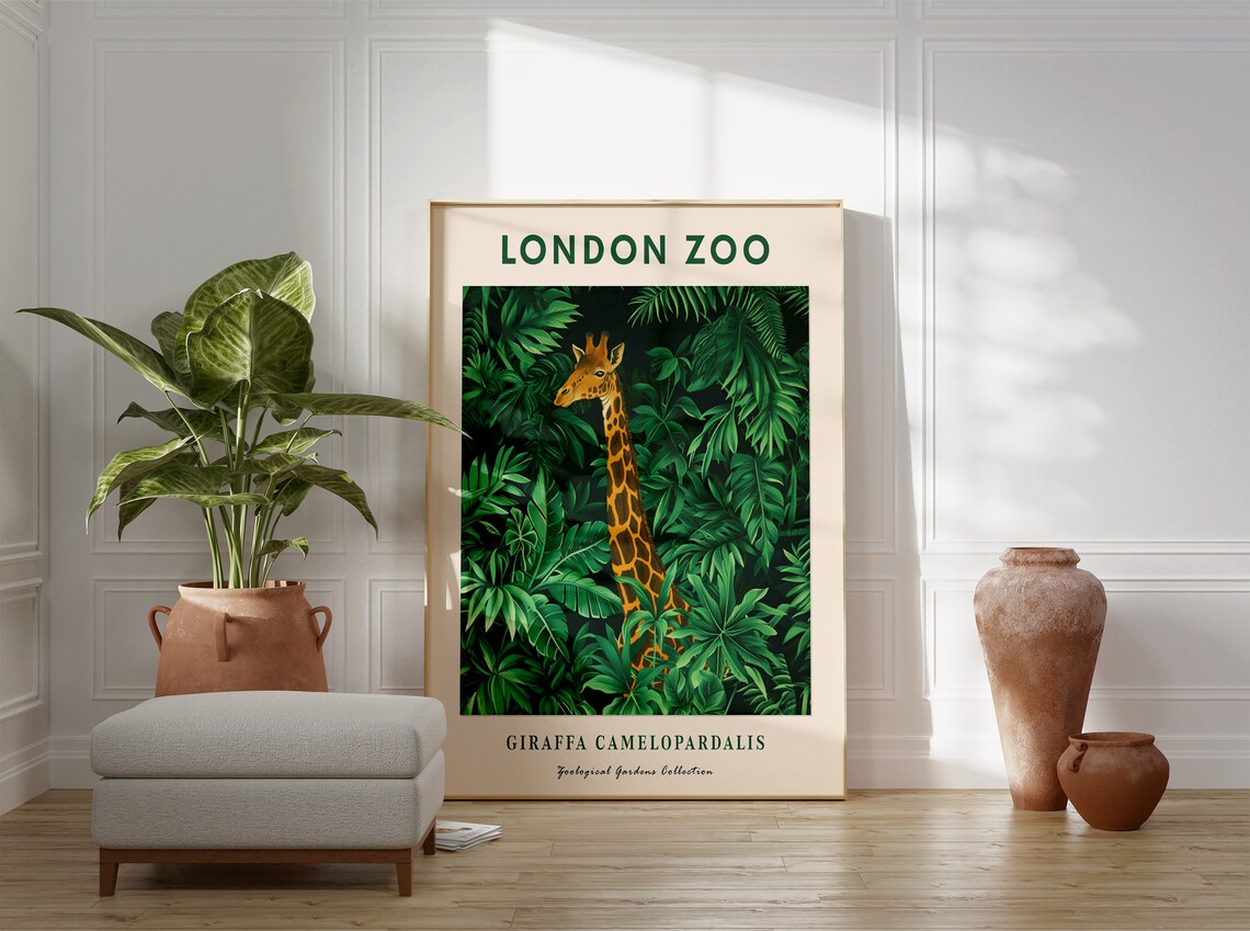 London Zoo Giraffe Jungle Leaves Vintage Zoological Poster Art - Image 2