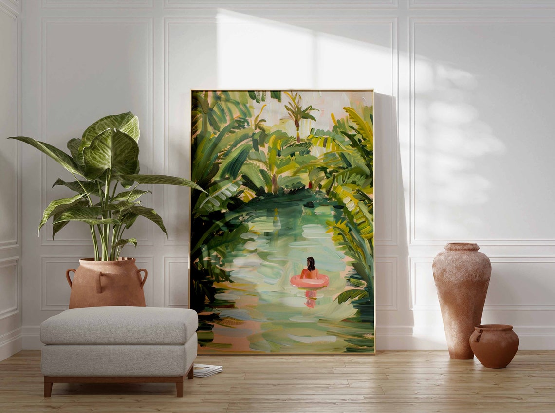 Woman Floating on Pink Ring in Lush Jungle Pool Tropical Poster - Image 2