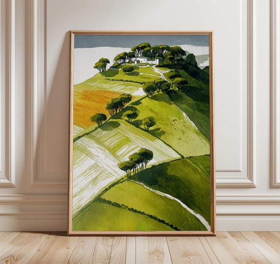 Countryside Landscape Poster, Green Hills Farmhouse Trees