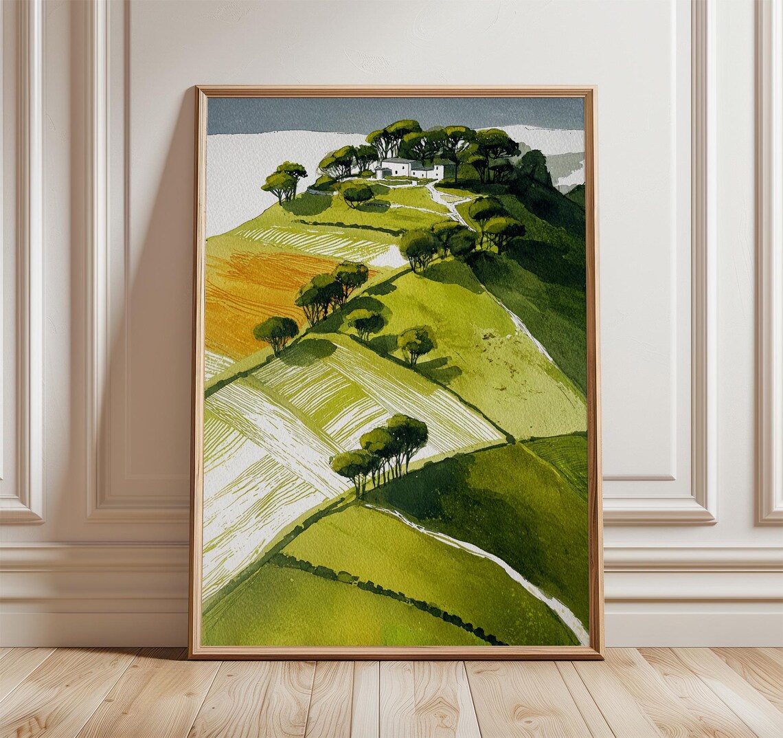 Countryside Landscape Poster, Green Hills Farmhouse Trees