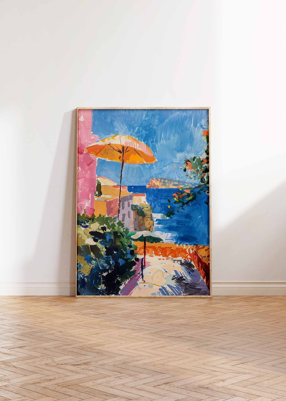 Mediterranean Coast Terrace Orange Umbrella Blue Sea Art Poster - Image 3