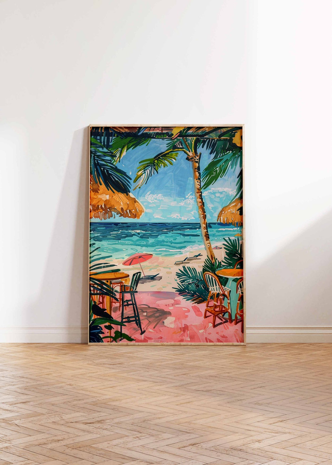 Beach Cafe Tables Under Palm Trees Red Umbrella Ocean Scene Poster - Image 2