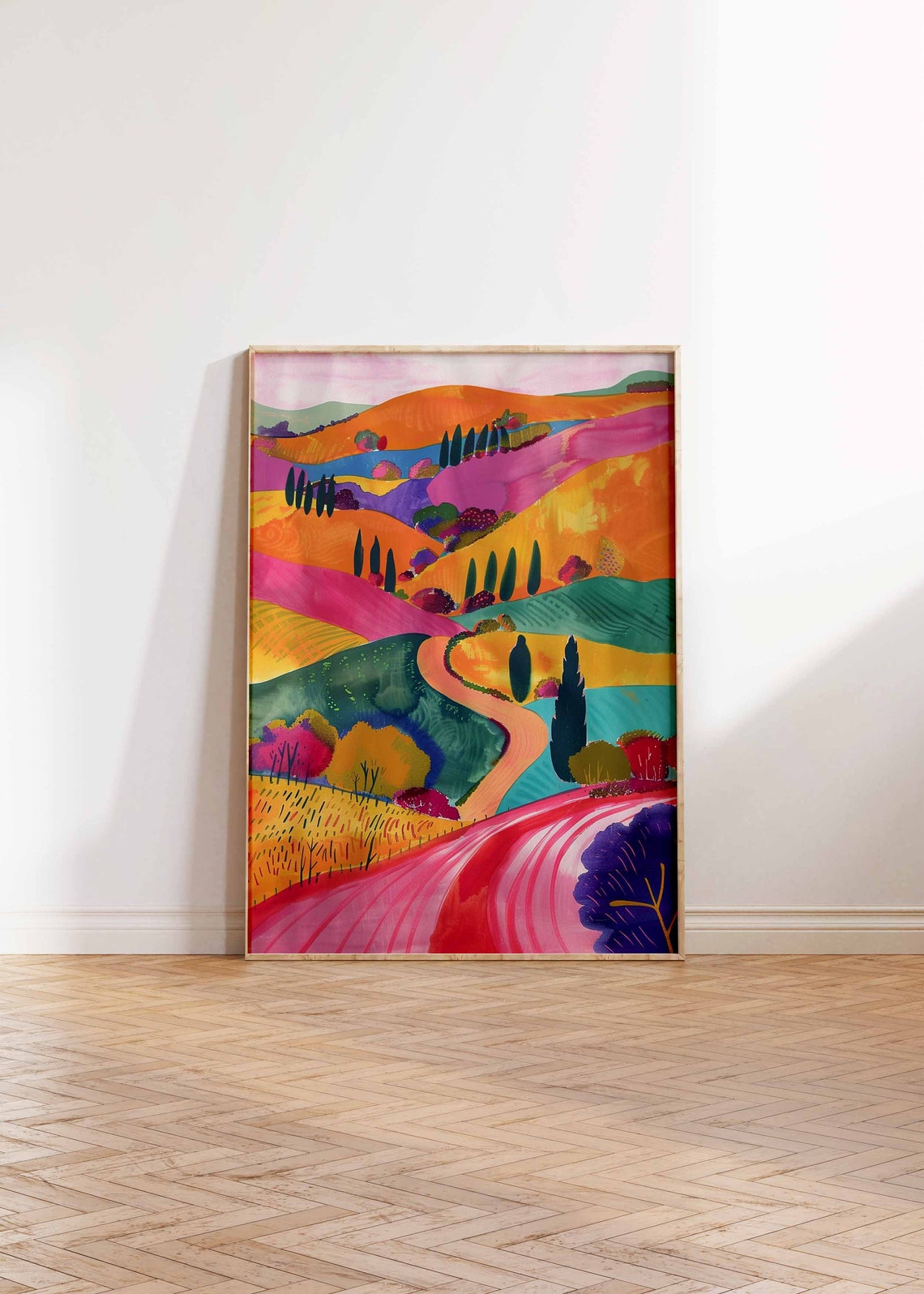 Golden Hills Winding Road Cypress Trees Landscape Art Print Wall Decor - Image 2