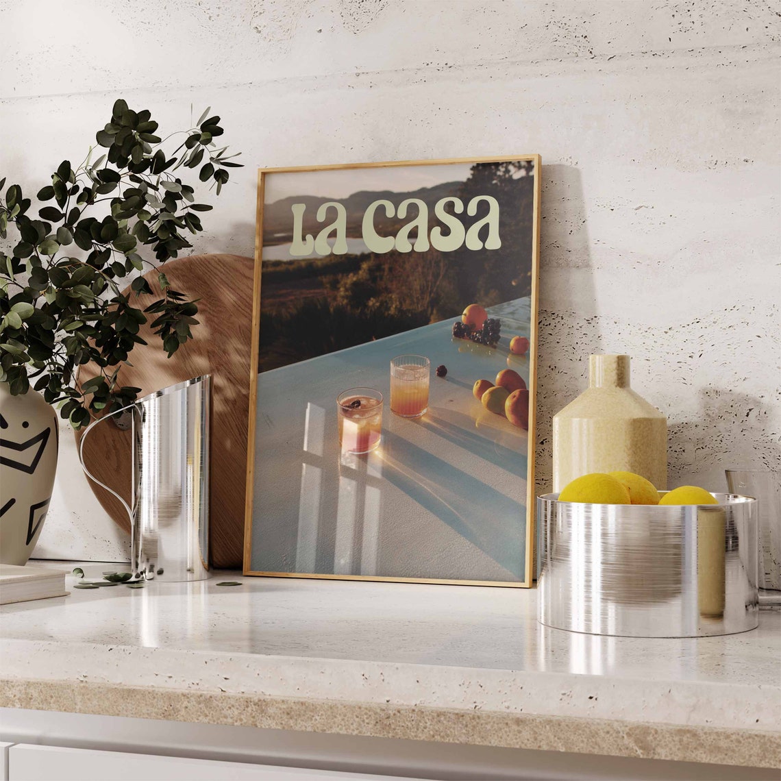 La Casa Sunset Poolside Cocktails Berry Hillside View Retro Print - Image 3