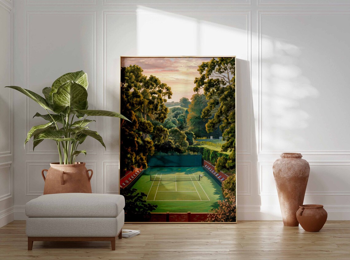 Secluded Tennis Grass Court Empty Stands Sunset Pines Poster - Image 2