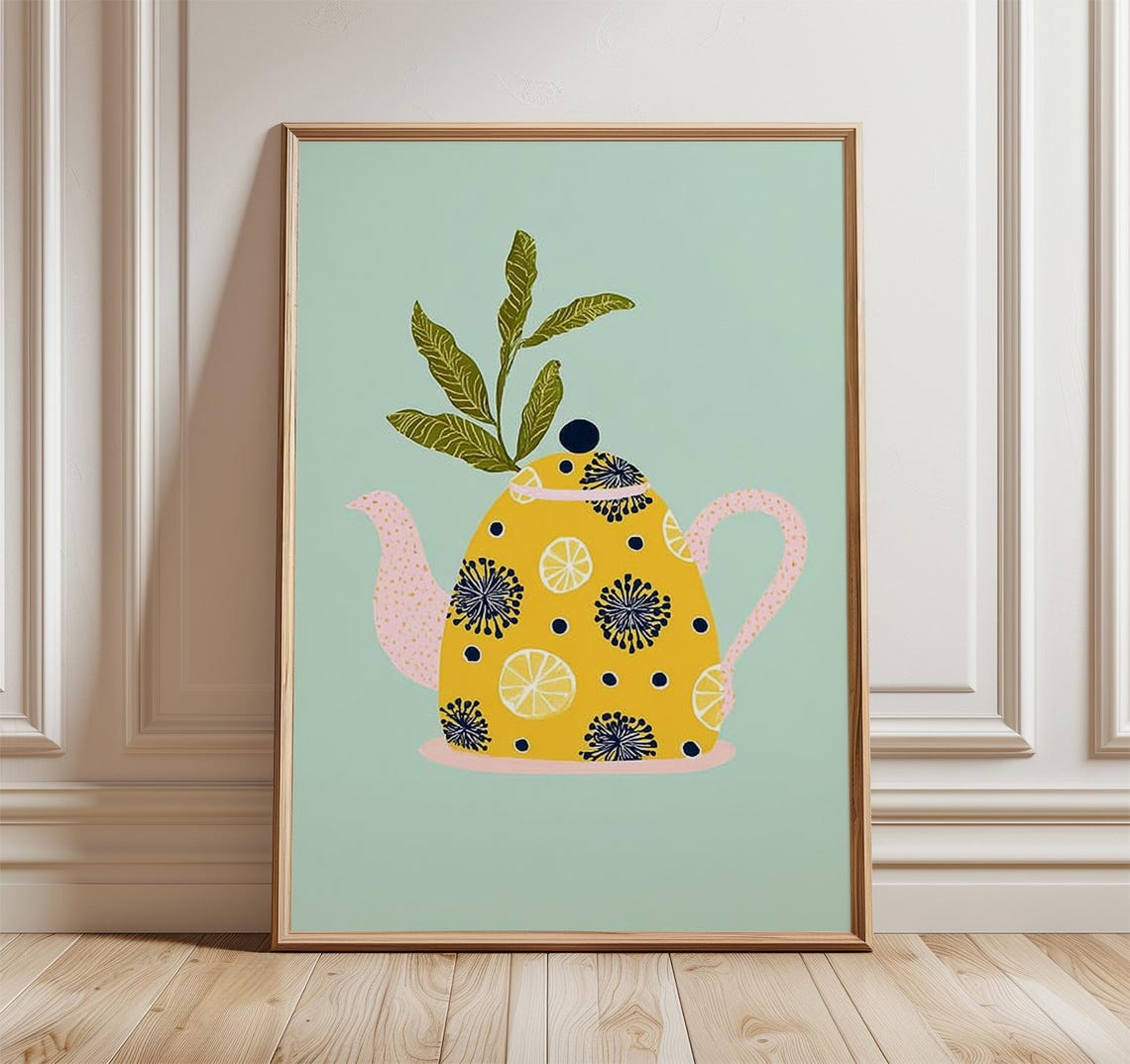 Lemon Teapot Citrus Floral Mint Green Cheerful Kitchen Poster
