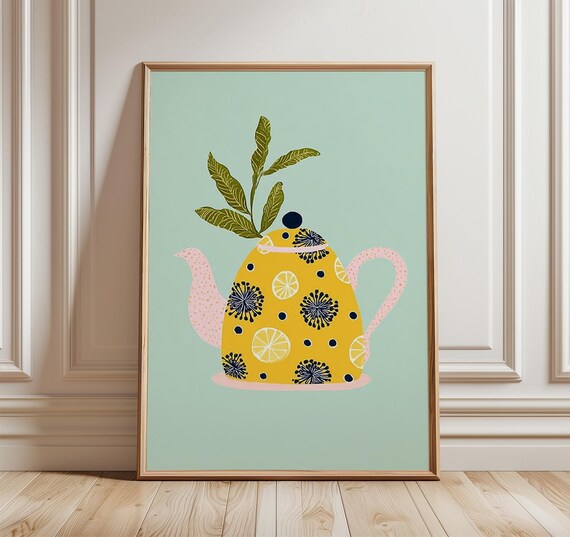 Lemon Teapot Citrus Floral Mint Green Cheerful Kitchen Poster