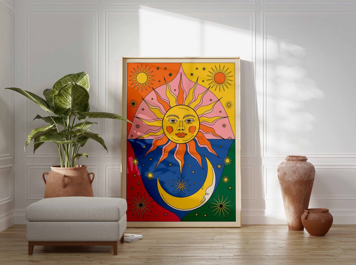 Colorful Retro Sun Face and Crescent Moon Boho Celestial Poster - Image 3