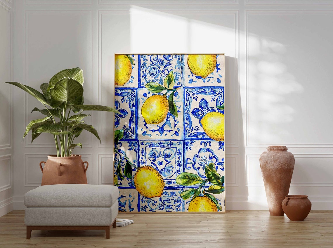 Lemons On Blue Tile Mediterranean Citrus Azulejo Kitchen Poster - Image 3