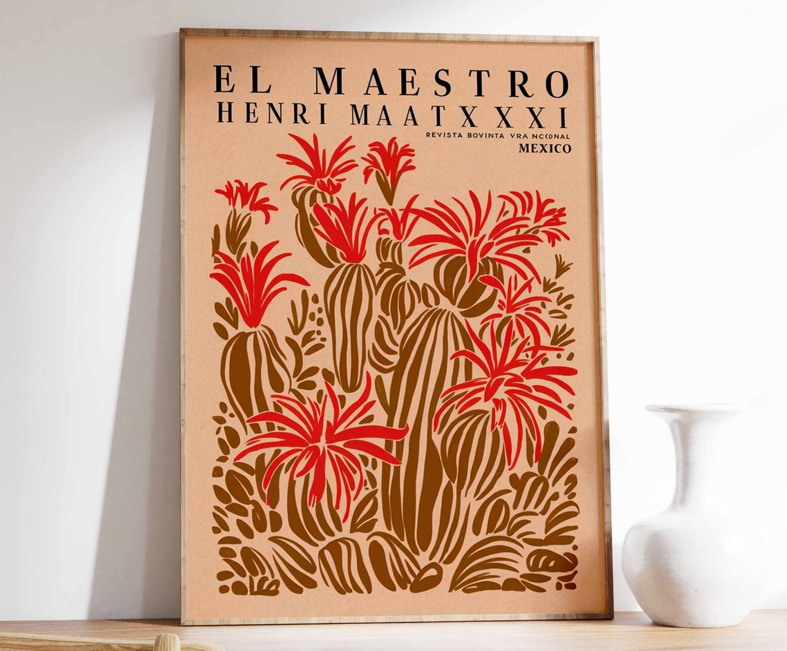 El Maestro Red Flowering Cactus Woodblock Art Poster Large Gift