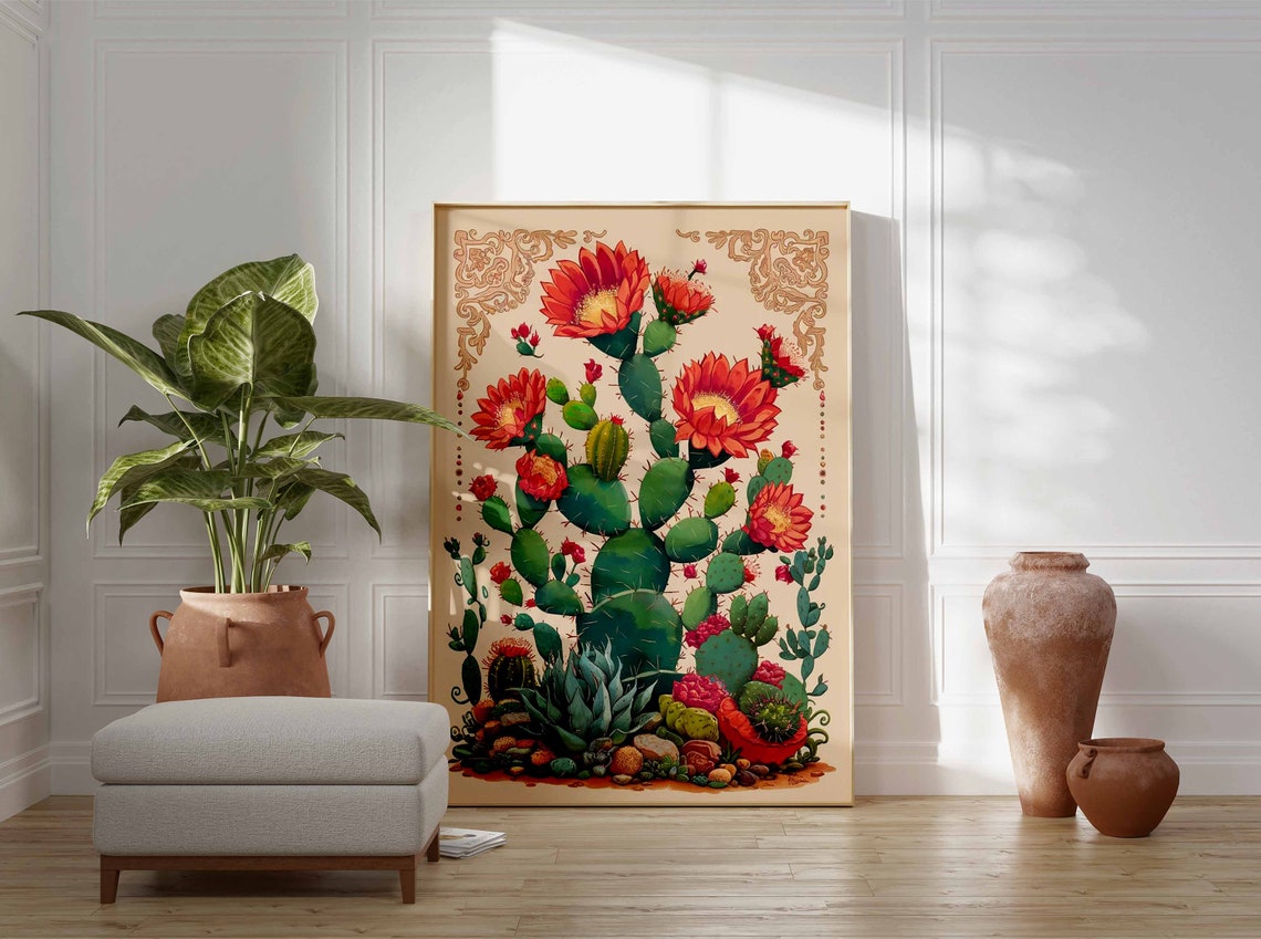 Opuntia Prickly Pear Red Blooms Agave Rocks Botanical Poster - Image 2