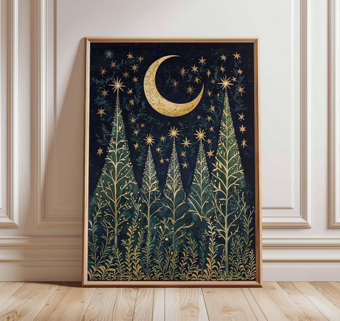 Golden Moon and Stars Over Fir Trees Christmas Night Art Poster
