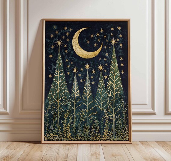 Golden Moon and Stars Over Fir Trees Christmas Night Art Poster
