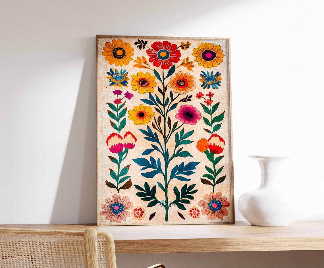 Mexican Floral Folk Art Colorful Botanical Traditional Wall Art - Image 3