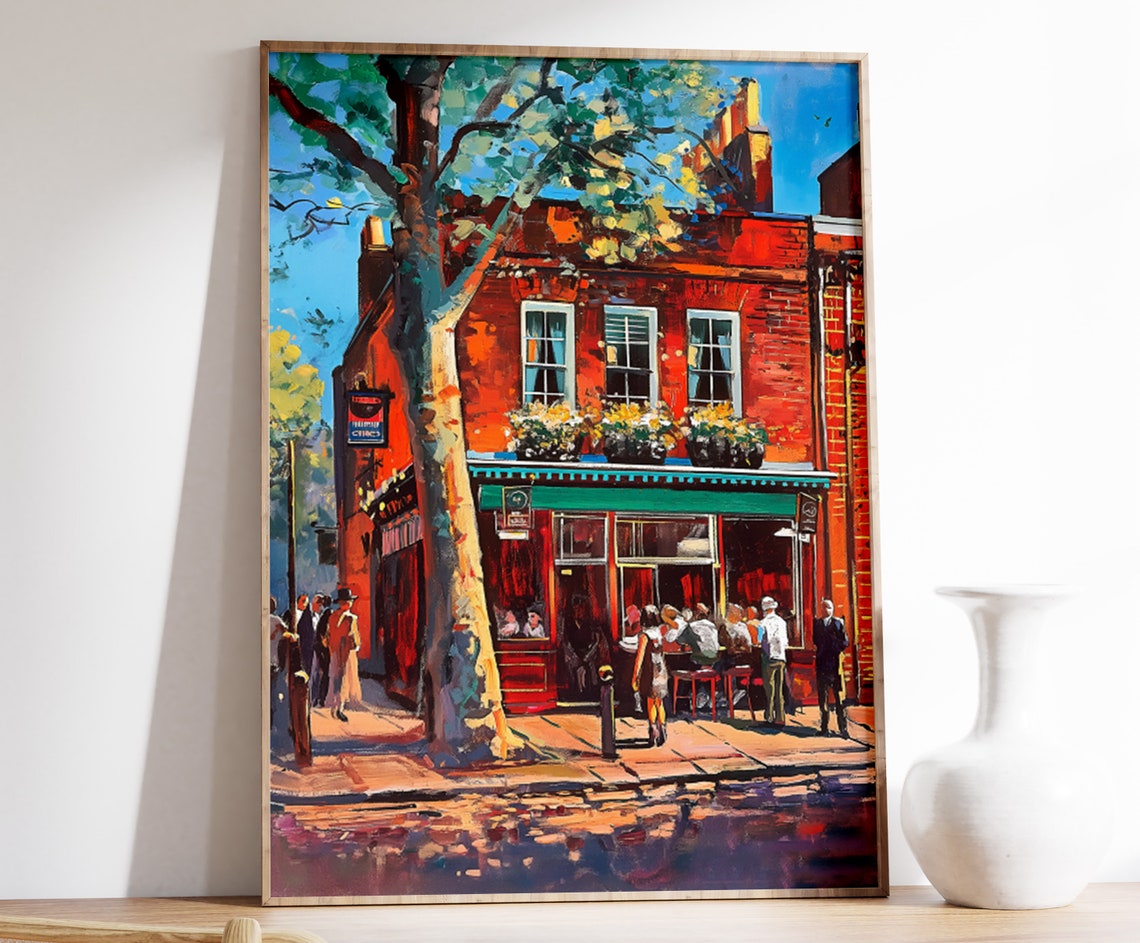 Classic London Pub Corner Sunlit Red Brick Street Painting Poster