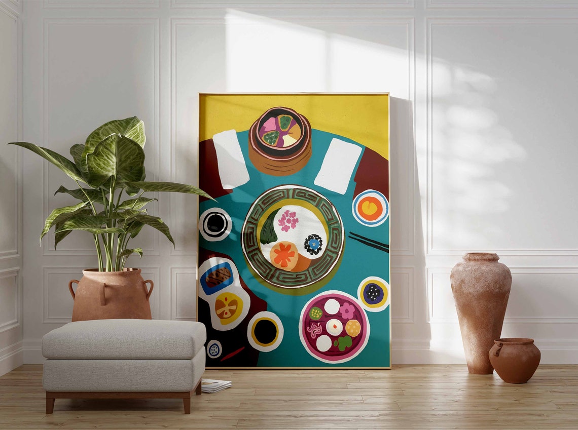 Dim Sum Table Abstract Flat Lay Steamer Dumpling Modern Poster - Image 3