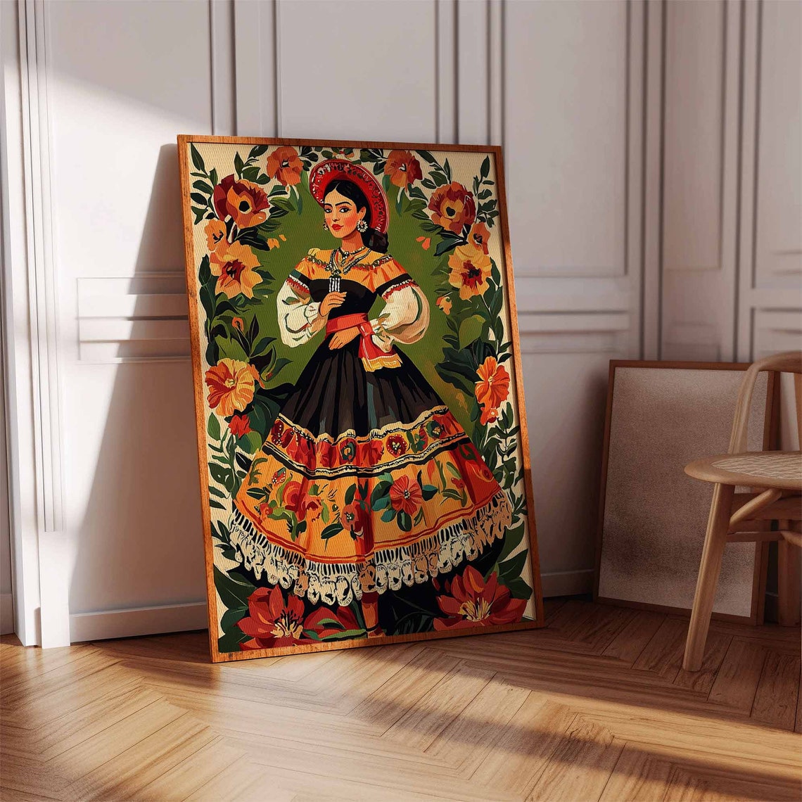 Mexican Folk Dancer in Orange Floral Dress Marigold Art Poster - Image 3