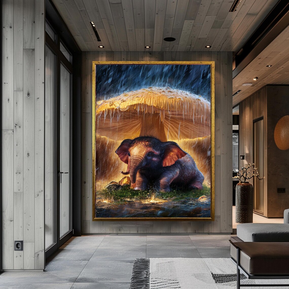 Baby Elephant Under Giant Mushroom Rain Whimsical Nursery Poster - Image 4