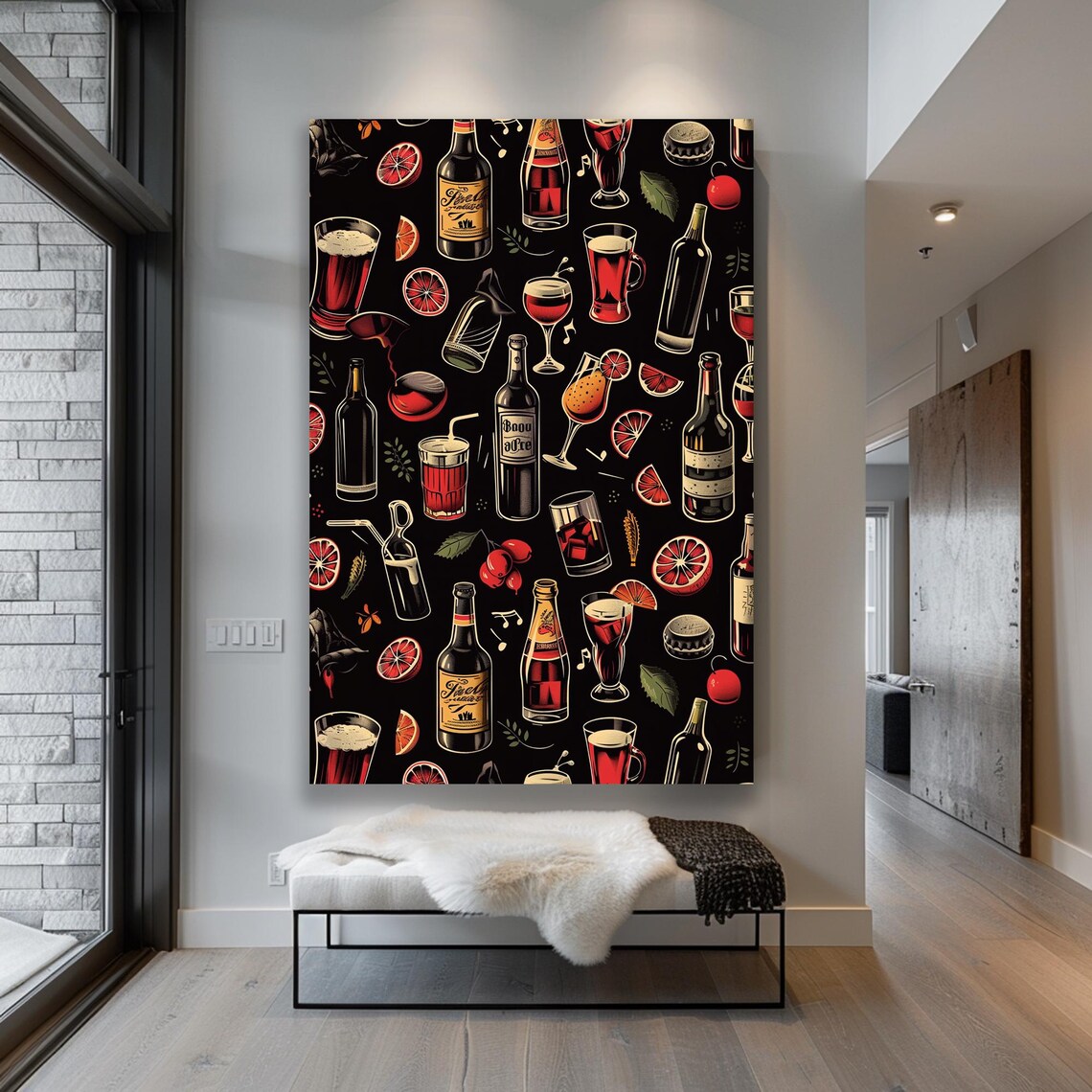 Cocktail Wine and Beer Bottles Pattern on a Black Bar Decor Poster - Image 3