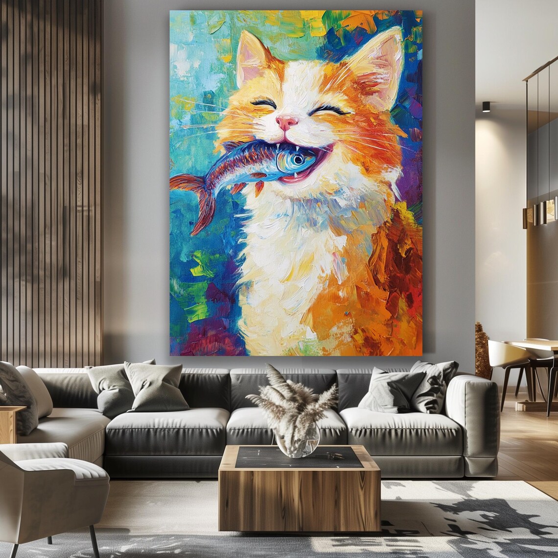 Joyful Orange Tabby Cat Catching Fish Colorful Humor Wall Poster - Image 2