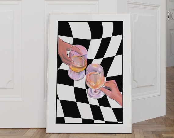 Cheers Cocktail Glasses Clinking Black White Checkered Bar Art Poster