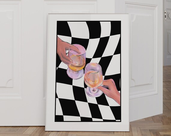 Funky Checkered Cheers Print Preppy Cocktail Poster Bar Cart Decor Drink Trendy Modern Kitchen Art Colorful Drinks