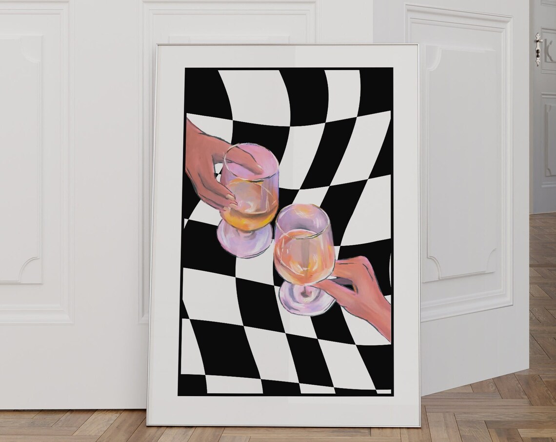 Cheers Cocktail Glasses Clinking Black White Checkered Bar Art Poster
