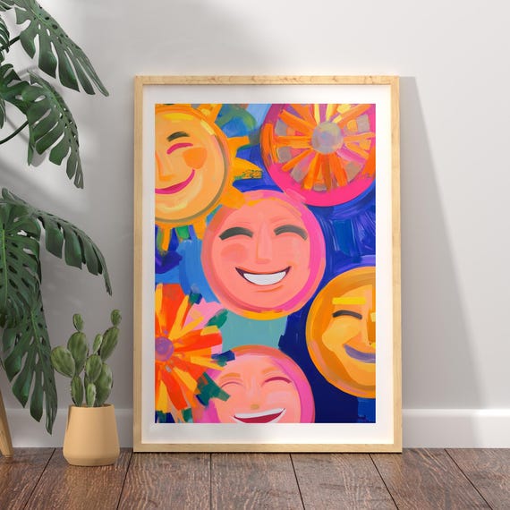 Maximalist Smiley Face Print Kids Wall Art Modern Playroom Art Boho Rainbow Toddler Gift Colorful Nursery Decor Vibrant Smiling Wall Art