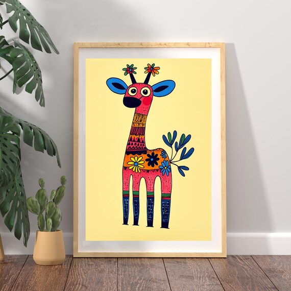 Folk Art Giraffe With Flowers Colorful Nursery Animal Poster