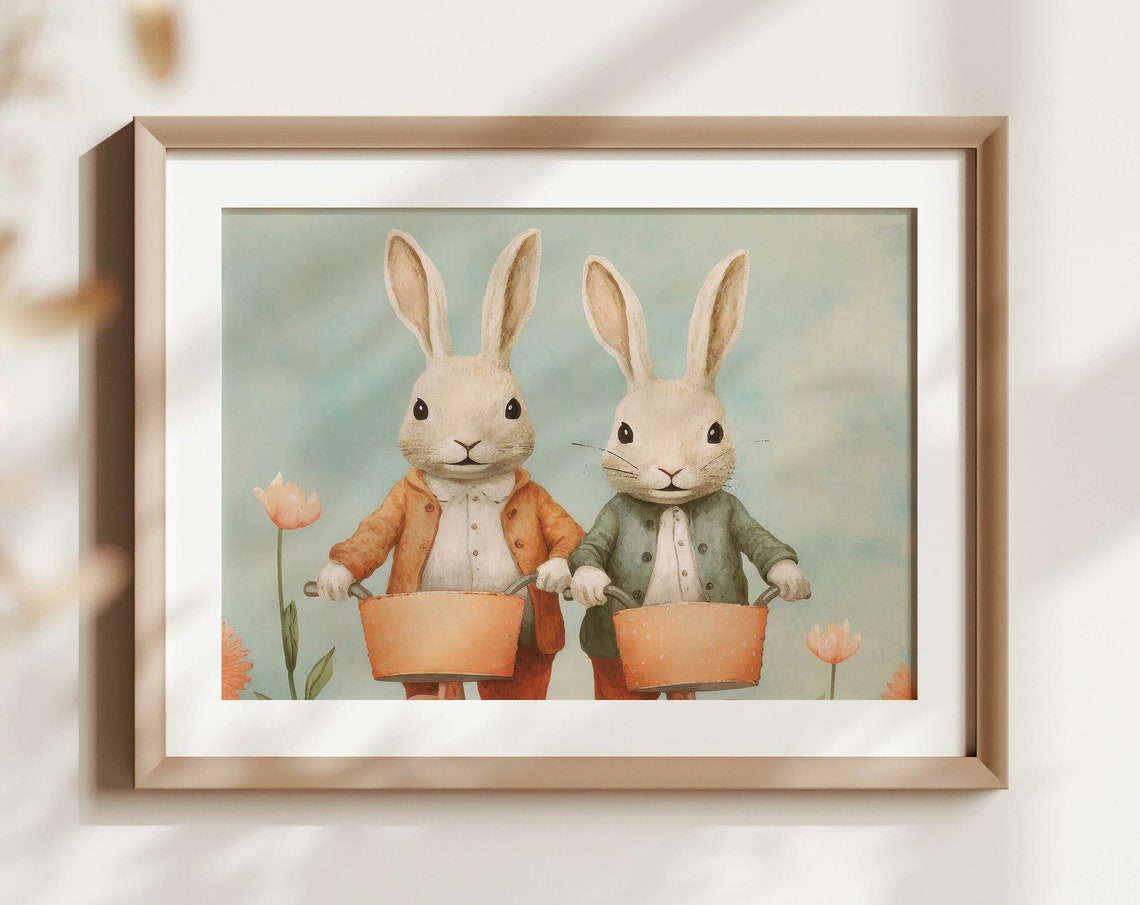 Two Dressed Rabbits Vintage Storybook Easter Spring Friends Poster