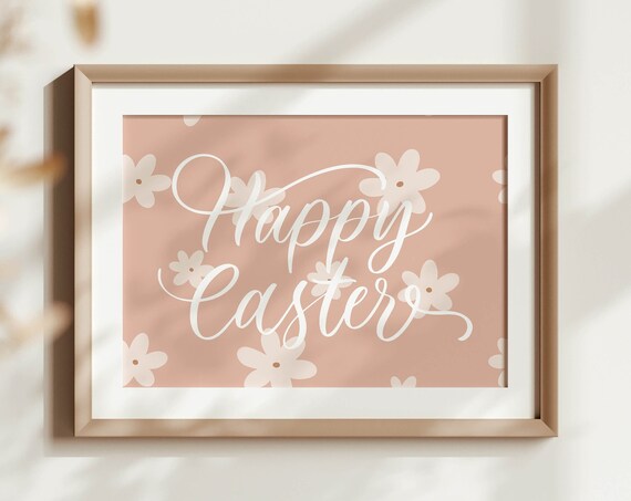 Blush Pink Happy Easter Elegant Floral Script Spring Wall Poster