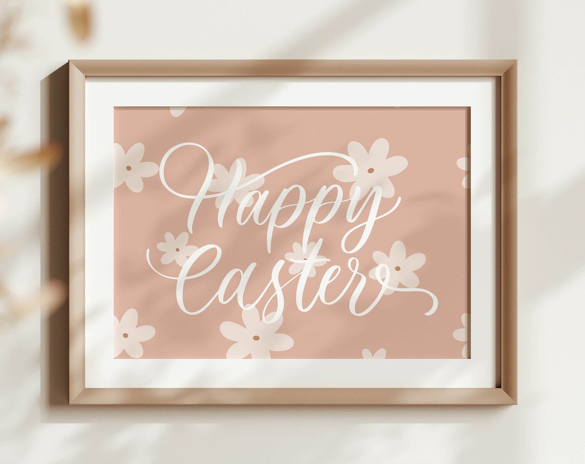 Blush Pink Happy Easter Elegant Floral Script Spring Wall Poster