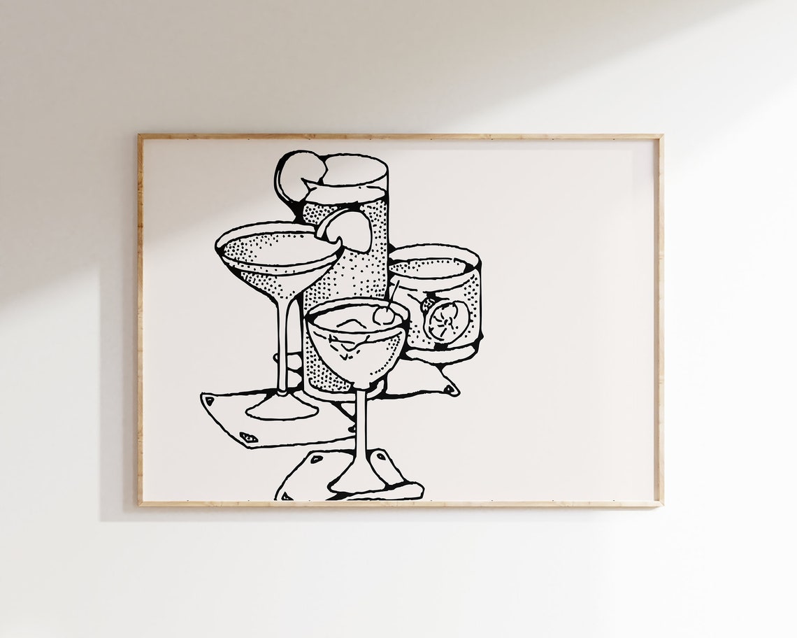 Black and White Cocktail Glass Line Sketch Minimal Bar Poster