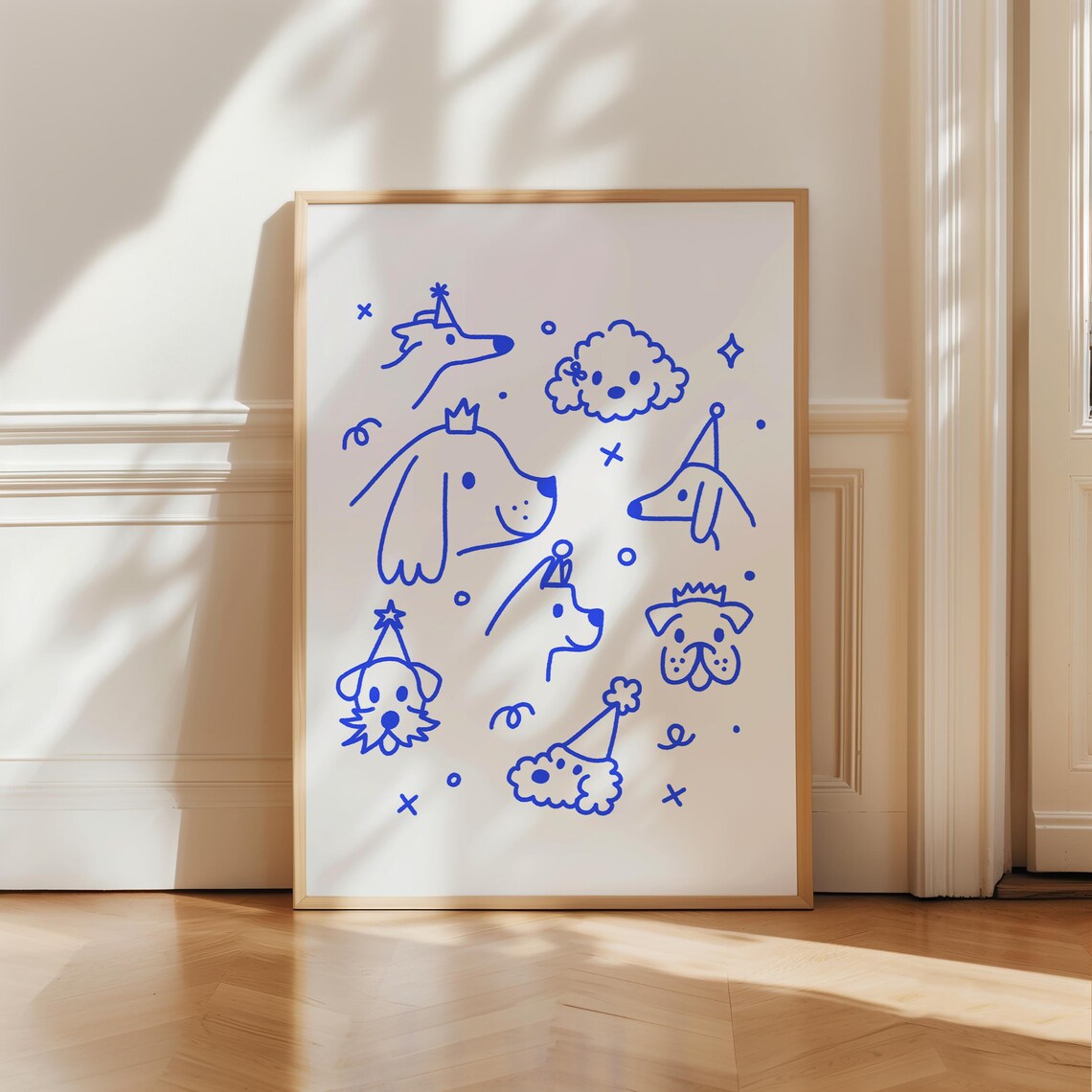Cute Blue Puppy Party Doodle Dogs With Party Hats Art Poster