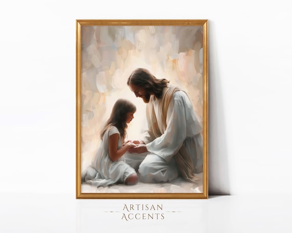 Jesus Praying With Young Girl Soft Light Christian Wall Art Print