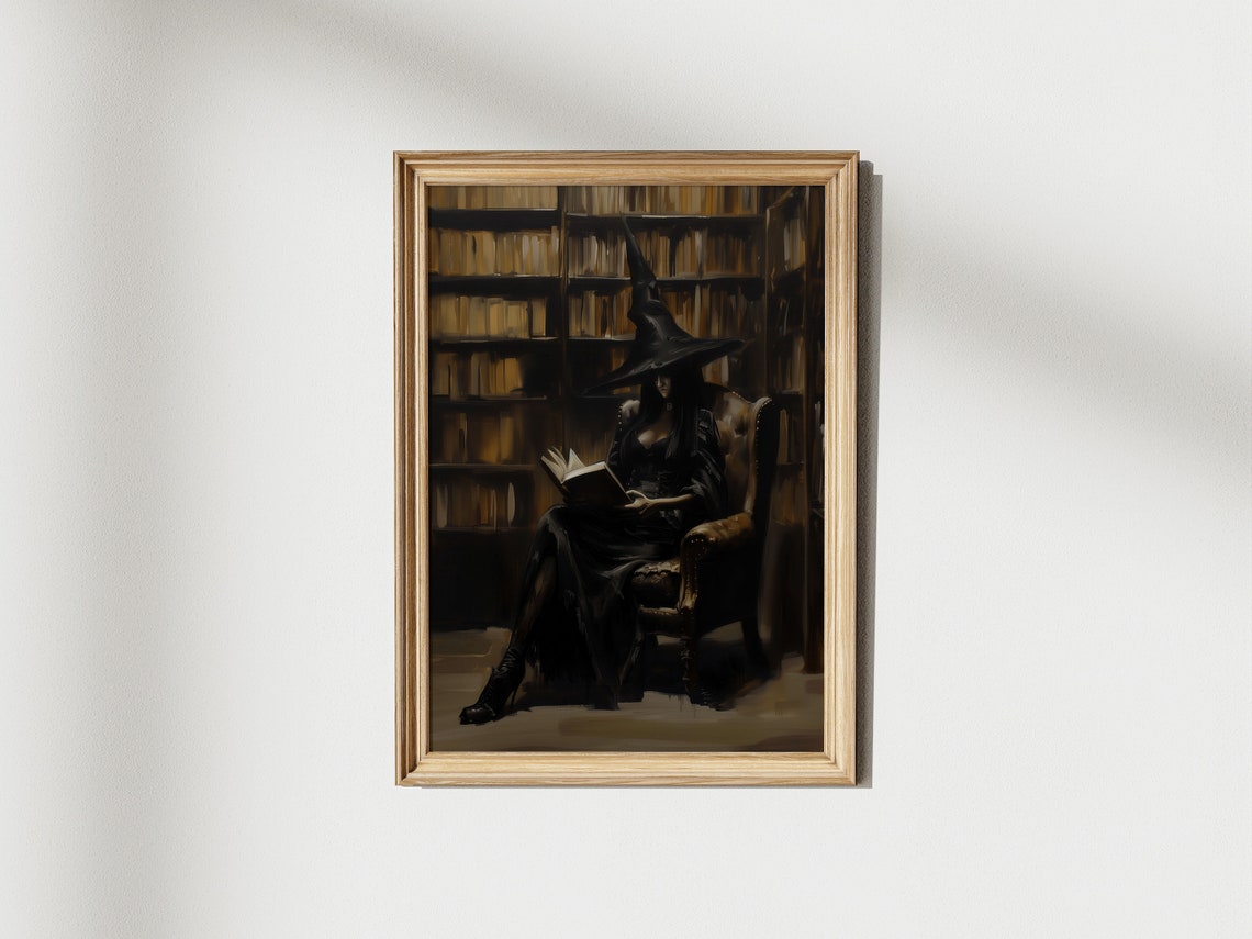 Witch Reading In Dark Library Gothic Halloween Oil Painting Wall Art - Image 3